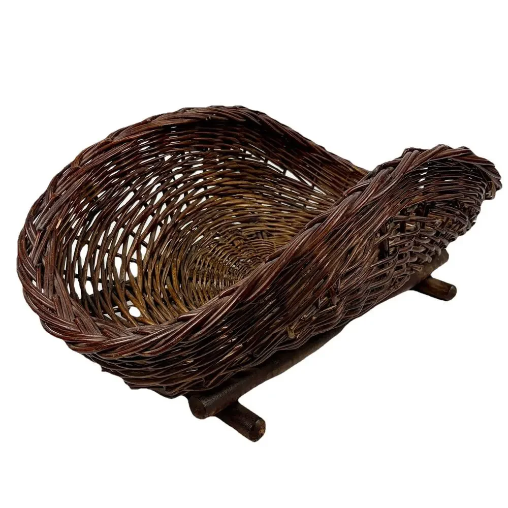 Large Rustic Wicker Harvest Basket Wood Base Fire Log Holder Blanket Storage